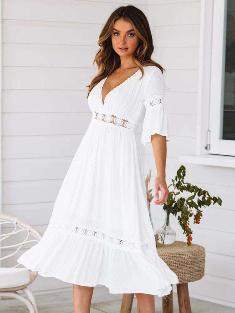 Sophie White V-Neck White Dress Boho Long Loose Elegant Summer Design
