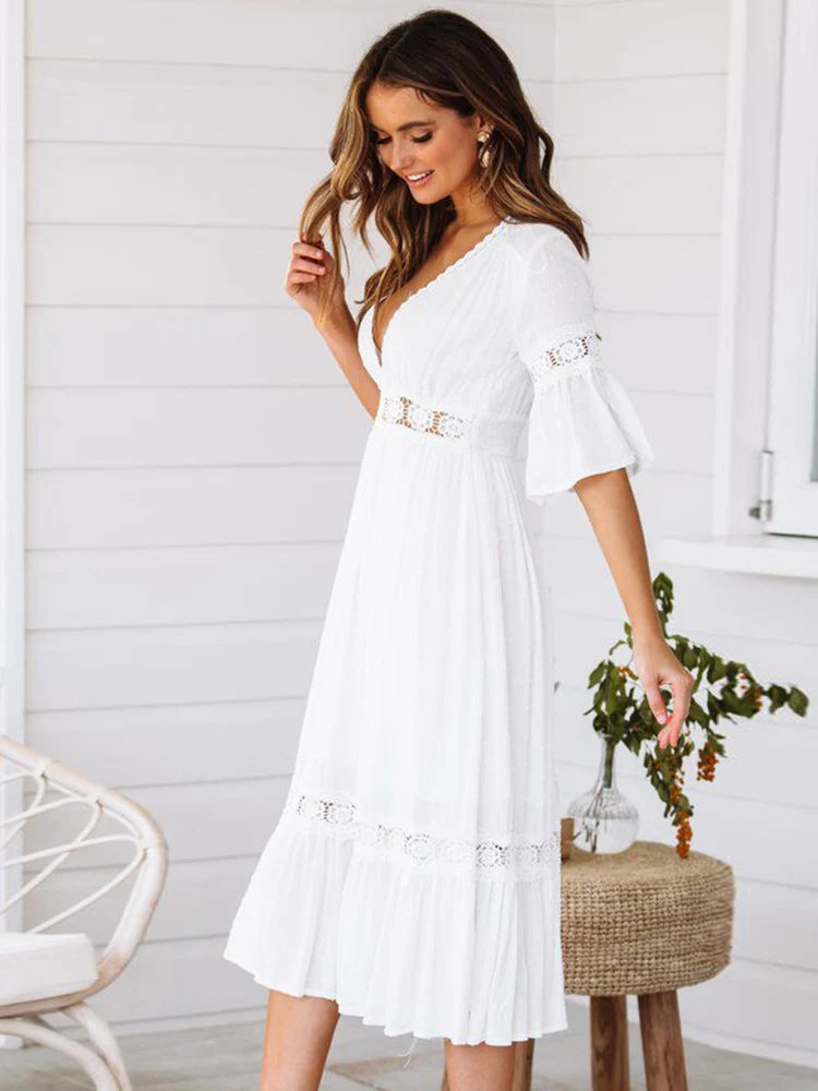 Sophie White V-Neck White Dress Boho Long Loose Elegant Summer Design